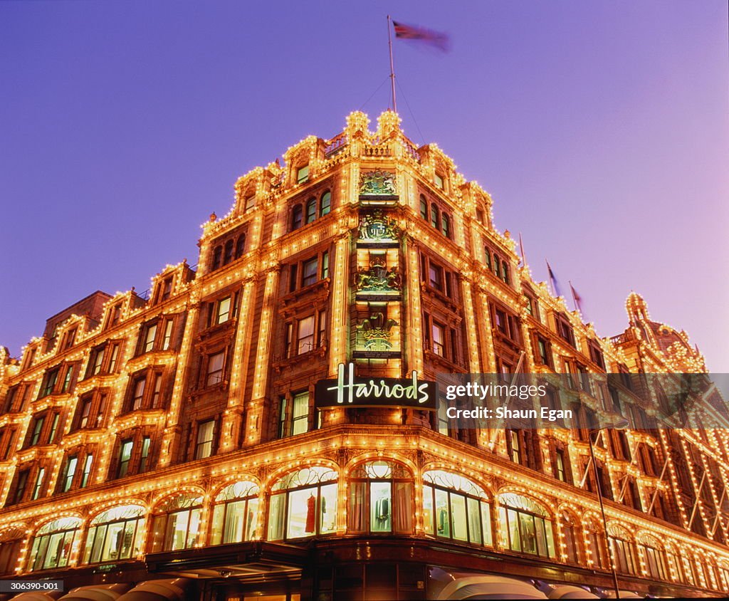 England,London,Knightsbridge, Harrods building lit up at night