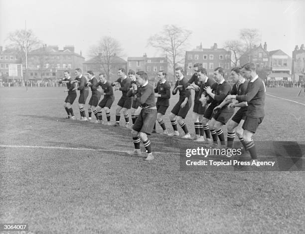 The New Zealand Rugby Union team, the All Blacks perform an intimidating Maori war dance or haka before a match against South Africa in Richmond,...