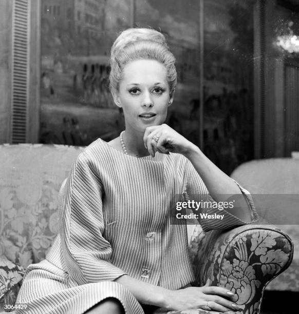 American actress Tippi Hedren, star of Charlie Chaplin's comedy 'A Countess from Hong Kong' attends a press conference at the Dorchester Hotel in...