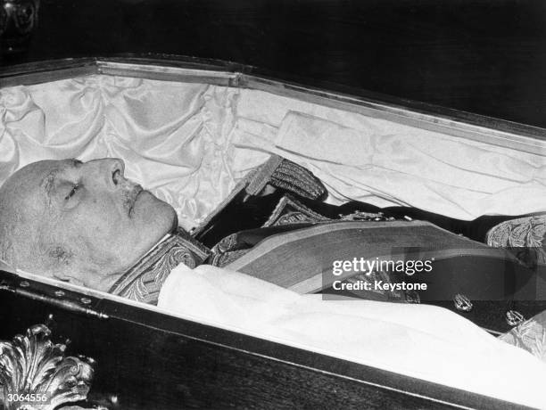 Francisco Franco (1892 - 1975, the Spanish general and dictator who governed Spain from 1939 to 1975, lies in state at the Pardo Palace in Madrid.