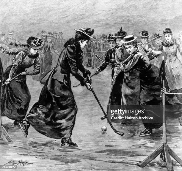 Ladies' ice hockey match on the frozen lake in Wimbledon Park, London. Original Artwork: Engraving by Arthur Hopkins.