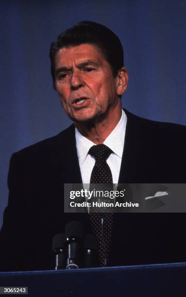 40th president of the United States of America and former film and television actor Ronald Reagan during a TV debate with Jimmy Carter just before...