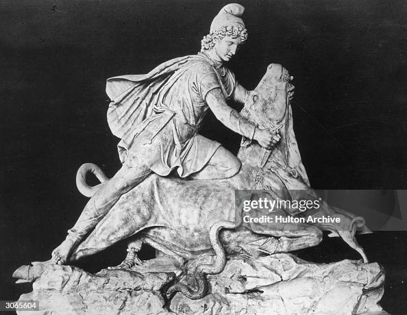 The Persian sun god Mithras slays the sacred bull with his dagger ...