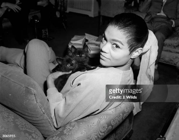 American singer Eartha Kitt at the Mayfair Hotel, London, with her cats 'Mishak' and 'Willow'.