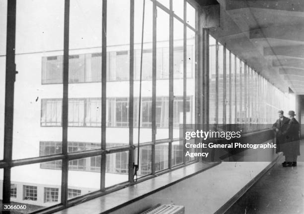 Windows at the Bauhaus School at Dessau, designed by architect Walter Gropius in 1926.