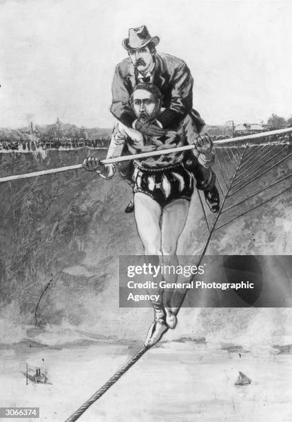 French acrobat and tightrope-walker Charles Blondin , born Jean Francois Gravelet crosses a 335.3 metre long rope high above Niagara Falls with a man...