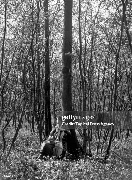 Beatrice Harrison playing a cello for the birds in bluebell woods at Foyle Riding, Oxted, Surrey. Miss Harrison is to play in the 'Nightingale...