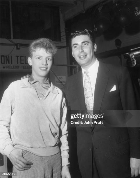 English music mogul Larry Parnes with his protege Colin Hicks, the younger brother of Tommy Steele, before his first television appearance.