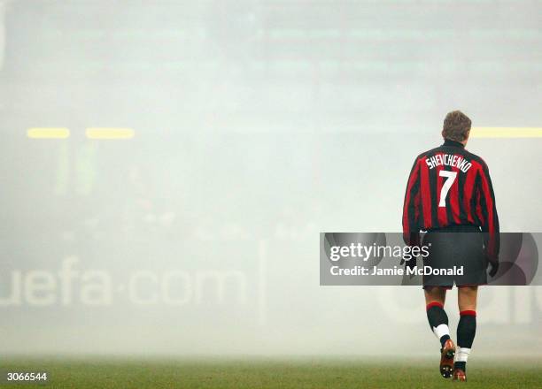 Andriy Shevchenko of Milan walks trough the smoke during the UEFA Champions League, Second Leg match between AC Milan and Sparta Prague at The San...