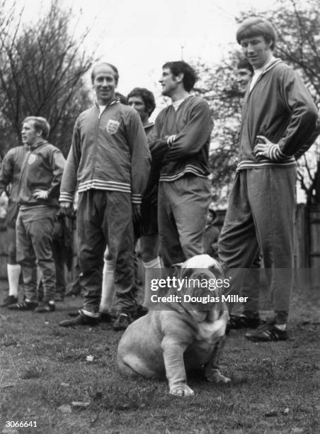 Members of England's soccer squad in training. From left to right; Francis Lee, Bobby Charlton, Alan Ball, Norman Hunter, Ian Moore and Colin Bell....