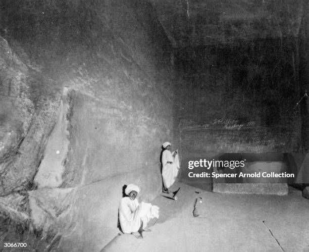 The granite lined King's Chamber of the Great Pyramid of Egyptian pharaoh Cheops, at Giza, near Cairo, containing an empty and broken granite...