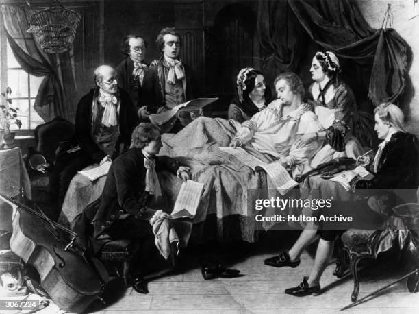 Composer Wolfgang Amadeus Mozart on his deathbed surrounded by his wife and friends. Original Artist - Hugh O'Neill