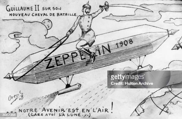 William II of Germany and Prussia , also known as Kaiser Wilhelm soars aloft on his new warhorse, a German zeppelin. A French cartoon satyrising...