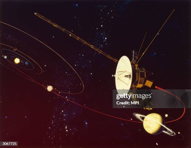 Simulation of space probe Voyager 2 travelling through our solar system on its investigative mission. The nearest planet is Saturn, the sixth planet...
