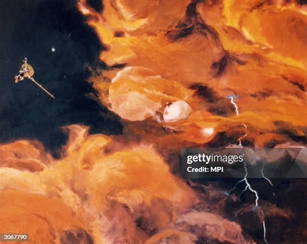 The released Galileo probe enters the turbulent upper atmosphere of Jupiter with its heat shield below and a parachute above. It is expected to relay...