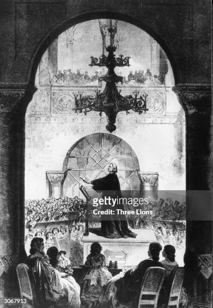 Hungarian composer and pianist Franz Liszt conducting his oratorio 'Legend of St. Elizabeth' at the rededication of the Concert Hall in Pest . Liszt...