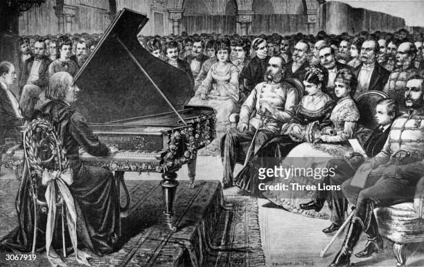 Hungarian composer and pianist Franz Liszt performing in Budapest. The front row of the audience includes, right centre, Emperor Franz Joseph I , the...