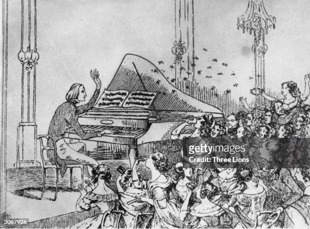 Hungarian composer and pianist Franz Liszt playing before a mainly female audience in Berlin who are throwing flowers and kisses. Original Artwork:...