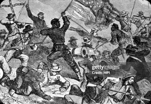 Black American soldiers of the 2nd Louisiana Regiment attack Confederate Forces at Fort Hudson.