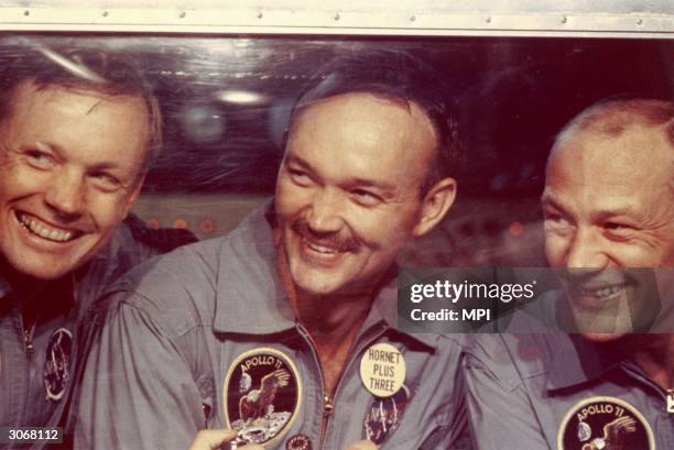 From left to right, Neil Armstrong, Michael Collins and Edwin 'Buzz' Aldrin Jnr, the crew of the historic Apollo 11 moon landing mission are...