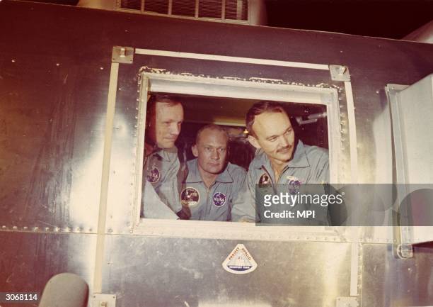 From left to right, Neil Armstrong, Edwin 'Buzz' Aldrin Jnr and Michael Collins, the crew of the historic Apollo 11 moon landing mission are...
