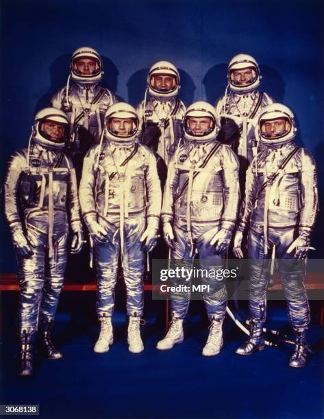 The seven astronauts of NASA's Mercury programme: Walter M Schirra, Deke Slayton, John Glenn Jnr, M Scott Carpenter, Alan B Shepard Jnr, Virgil I...