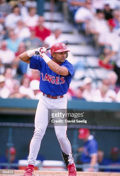 Fernando Tatis of the Texas Rangers in action during a spring training game against the Pittsburgh Pirates at McKenchnie Field in Bradenton, Florida....