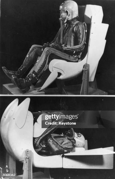 Harwell manager of the production flight for Convair Division of General Dynamics Corporation sits in the normal flight attitude in a mock up of an...