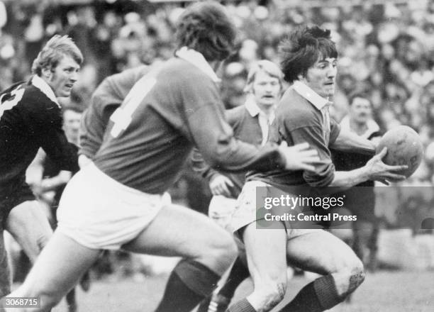 Scottish rugby union full-back Andy Irvine playing with the British Lions against the All Blacks in New Zealand. On his retirement in 1983 he was the...