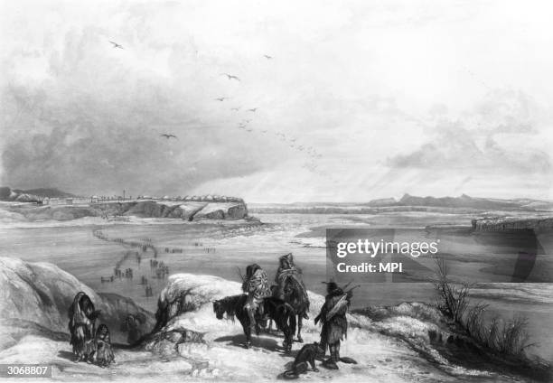 Group of Native Americans gaze across the frozen Missouri River at Fort Clark, an 18th century military encampment in North Dakota. Original Artwork:...