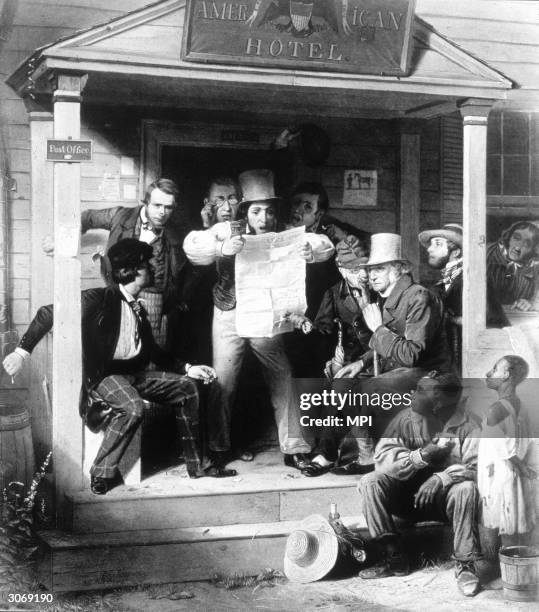 Crowd gathering around a man reading the news of American successes in Mexico which led to the ceding to the United States of California and New...