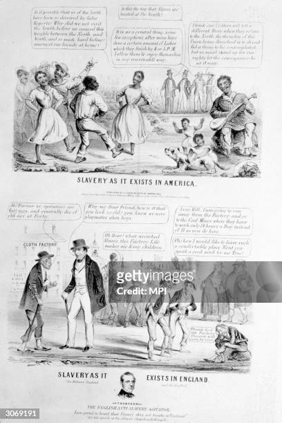 Pro-enslavement cartoon ridiculing English abolitionists by contrasting the apparently happy life of enslaved American people in the southern states...