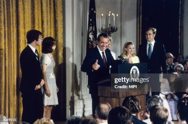 American politician Richard Nixon with his family after his resignation as President, son-in-law David Eisenhower, Julie Nixon-Eisenhower, Pat Nixon...