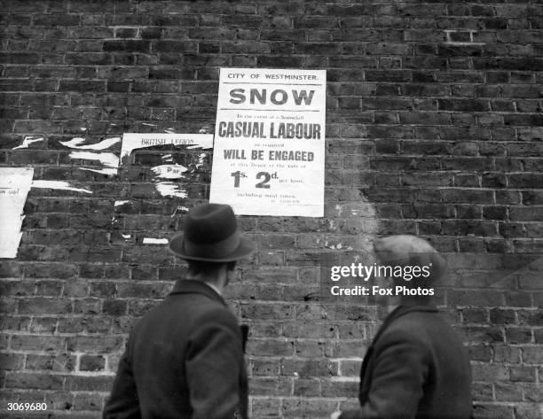 Poster at Ebury Bridge Road announces that Westminster City Council will engage casual labourers to remove snow that falls within the borough during...