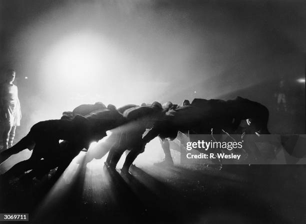 Players in a scrum during a rugby match are silhouetted by floodlights.