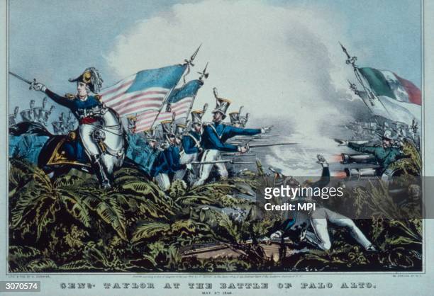 General Zachary Taylor leading the American troops into battle at Palo Alto during the Mexican-American War. Original Artist: By Nathaniel Currier.
