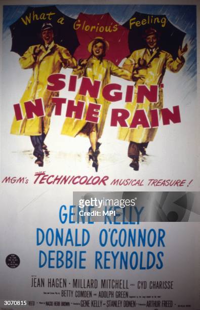 Poster for 'Singing In The Rain', the musical comedy starring Gene Kelly, Debbie Reynolds and Donald O'Connor.