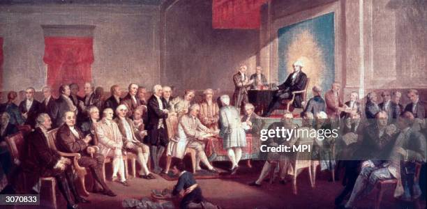 The painting Signing the Constitution of the United States by Thomas Pritchard Rossiter. The painting, painted in 1878, resides at Independence...