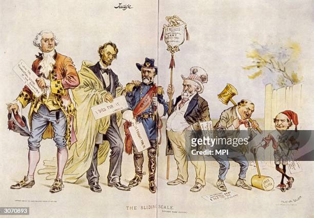 Satirical cartoon showing the sliding scale of worth of American politicians, the founder of the republic, George Washington , Abraham Lincoln ,...