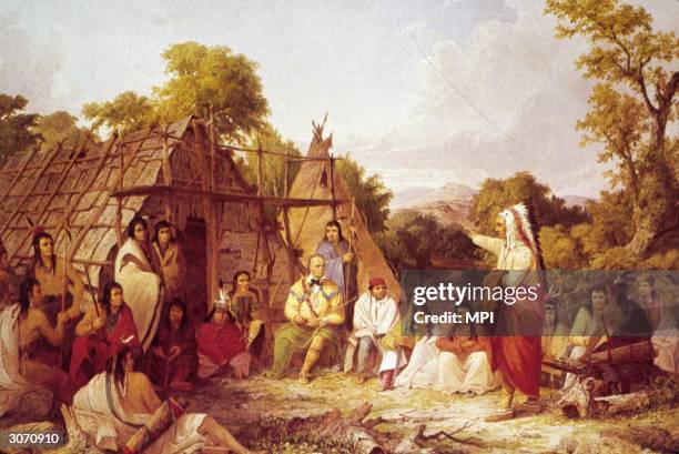 Group of Native Americans hold a tribal council. Original Artist: By Seth Eastman .