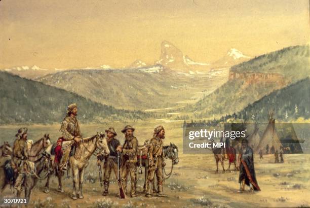 Band of white settlers arrive at a Native American encampment in a valley for a council meeting. Original Artist: By W H Jackson.