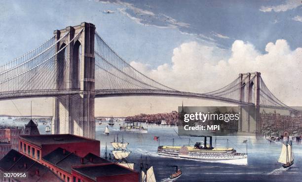 The Great East River Suspension Bridge in New York City. Built between 1870 and 1883, it spans the East River and measures 5,988 feet including...
