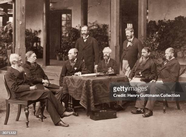 The British governors of India under the Raj convene at Simla. From left to right, they are W Muir, Lord Robert Napier, Governor General Lord...