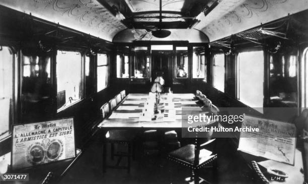 The interior of Marshall Ferdinand Foch's railway carriage in which the armistice ending World War I was signed, at Le Francport near Compiègne,...
