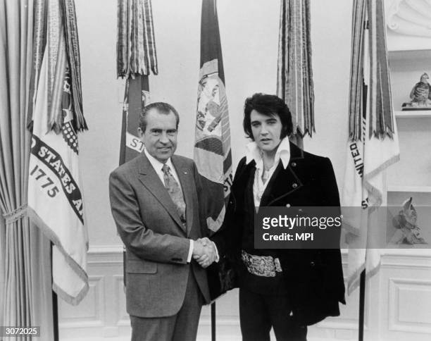 American singer and actor Elvis Aron Presley meets 37th president of the United States Richard Milhous Nixon .