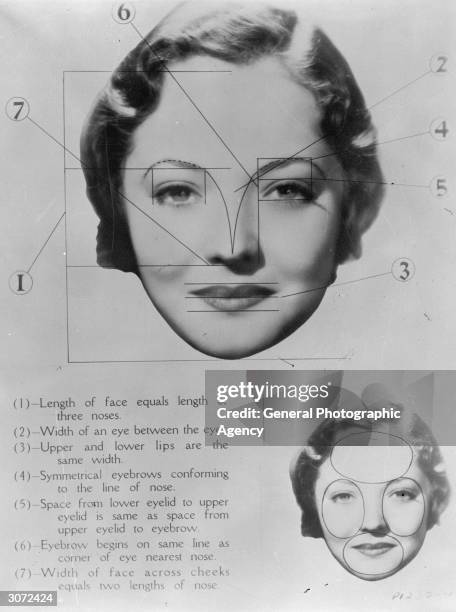 Circa 1933 portrait of American actress Sylvia Sidney , annotated to show how her face is ideally proportioned. In May 1934 Sidney's face was chosen,...