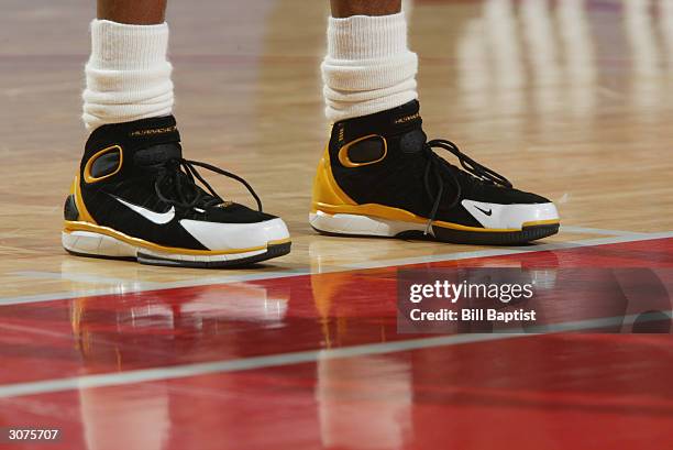 Detail shot of shoes belonging to Kobe Bryant of the Los Angeles Lakers during the game against the Houston Rockets at the Toyota Center in Houston,...