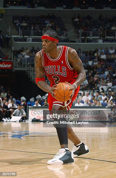 Eddy Curry of the Chicago Bulls holds the ball during the game against the Washington Wizards at the MCI Center on February 26, 2004 in Washington,...