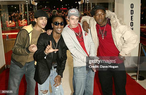 Singer Simon from Blue with the band he manages V2, arrive at the UK Premiere of the movie remake of U.S TV series, "Starsky And Hutch" at the Odeon,...