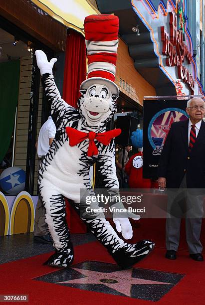 The Cat In The Hat poses at a ceremony honoring the late children's book author Dr. Seuss with a star on the Hollywood Walk of Fame on March 11, 2004...